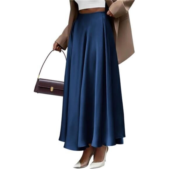 Women's Satin High Waist Skirts A-Line Navy Blue - Picture 1 of 5